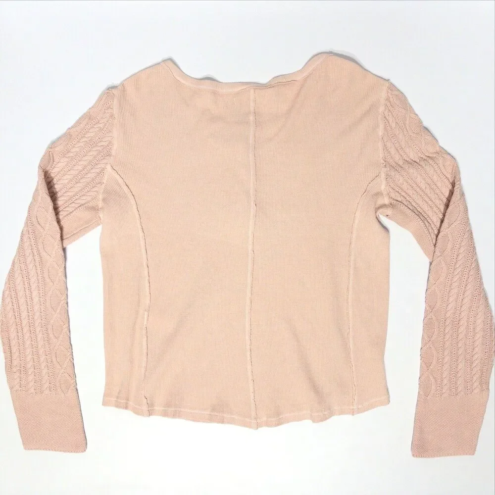 NWT Lucky Brand Pink Mixed Media Thermal Cable Knit Henley Top Women Size XL